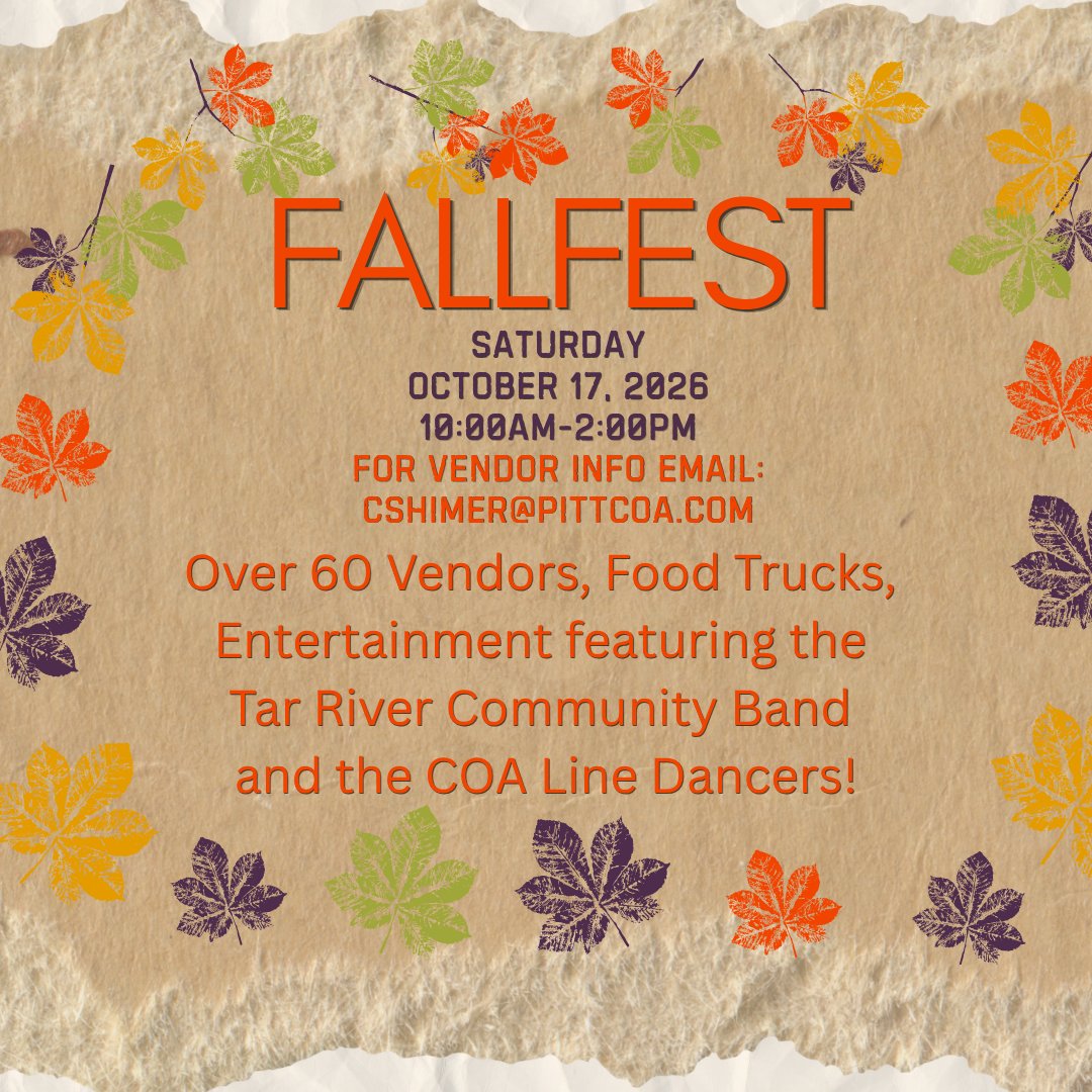 PittCOA's tweet photo. 🍁 Join us for FallFest on Saturday, October 17th! Enjoy 60+ vendors, delicious food trucks, and live entertainment from the Tar River Community Band and the COA Line Dancers. #COA #CraftFair #PittCountyEvents https://t.co/yAd85w25QC