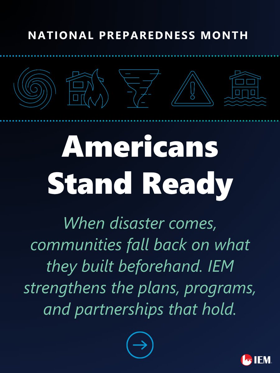 IEMNews's tweet photo. For the jurisdictions we support, preparedness is training, planning, mitigation, &amp; recovery programs built before a disaster is on the radar.
This #NPM, see how FEMA's #AmericansStandReady theme scales up.

Readiness is stronger with #TeamIEM 🔗 https://t.co/IvhKNPVhOG

#NPM2026 https://t.co/tSZ170S443
