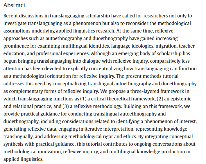 RMALJournal's tweet photo. New article: 
Tian, Z., &amp; Zhang-Wu, Q. (2026). Doing translingual autoethnography and duoethnography: a methods tutorial for applied linguistics researchers. Research Methods in Applied Linguistics, 5(3), 100378: https://t.co/10aKiHefFM https://t.co/Xs8NPwMK88