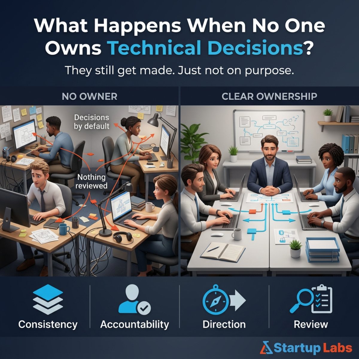 StartupLabsLtd's tweet photo. What happens when no one owns technical decisions?

Not one big failure. A slow accumulation of small ones — features that complicate tomorrow's roadmap, quality bars that shift release to release.

Who owns technical direction on your team right now?

#StartupFounder #SaaS #MVP https://t.co/W9JeT7lMpY