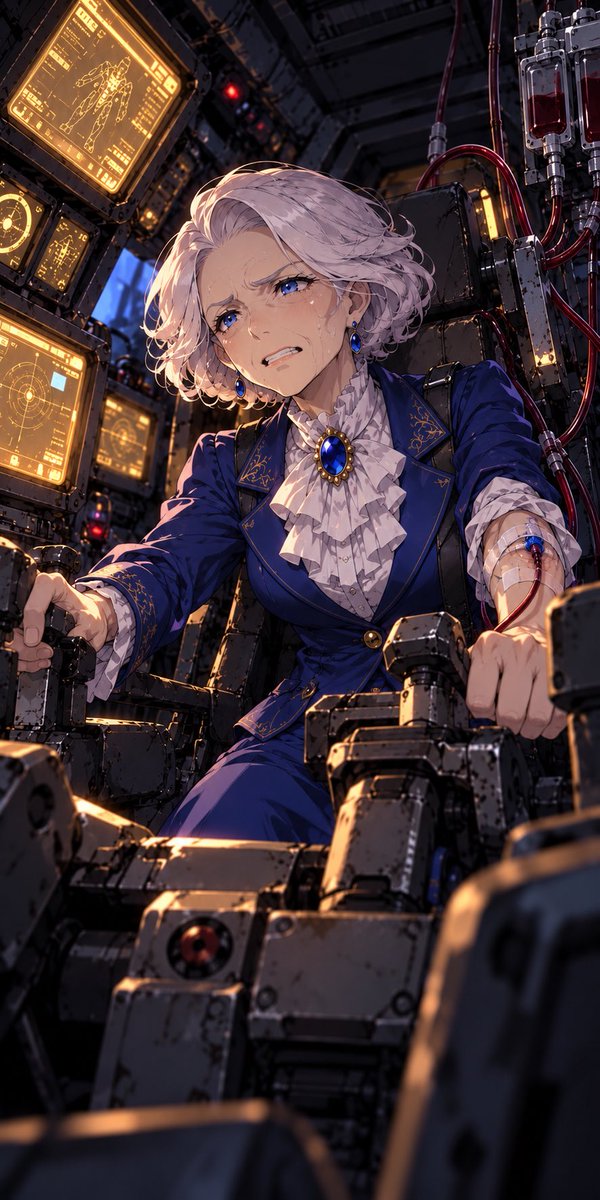mglazed01's tweet photo. セレーヌ・エルデヴァリン（74）
ローデンス機工学園理事長。
かつては魔血機士のエースパイロットとして名を馳せ、現��は後進の育成に尽力している。

「──こんなおばあちゃんになっちゃったけど、何年も一緒に戦ってきたじゃない。
だから、お願い。もう一度力を貸して。
──セイバトゥース！！」 https://t.co/2J6aMmkQoa