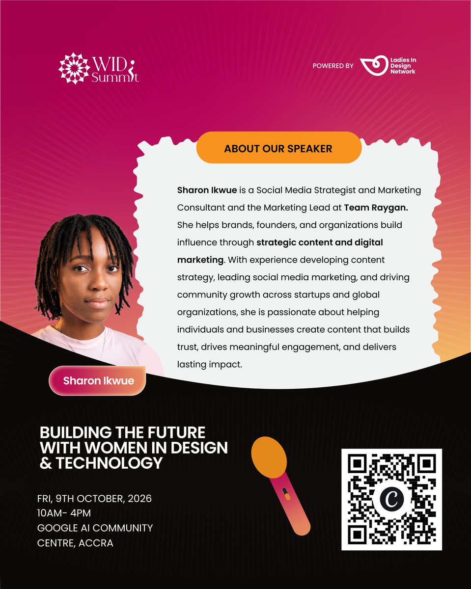Lidn__'s tweet photo. Meet Sharon Ikwue
Weβre excited to have Sharon Ikwue joining us as a Speaker at #WIDS2026!
π Friday, 9th October 2026
β° 10AM β 4PM
π Google AI Community Centre, Accra
#WIDS2026 #WomenInDesignSummit #LadiesInDesignNetwork #WomenInDesign https://t.co/4Prb52RNd3