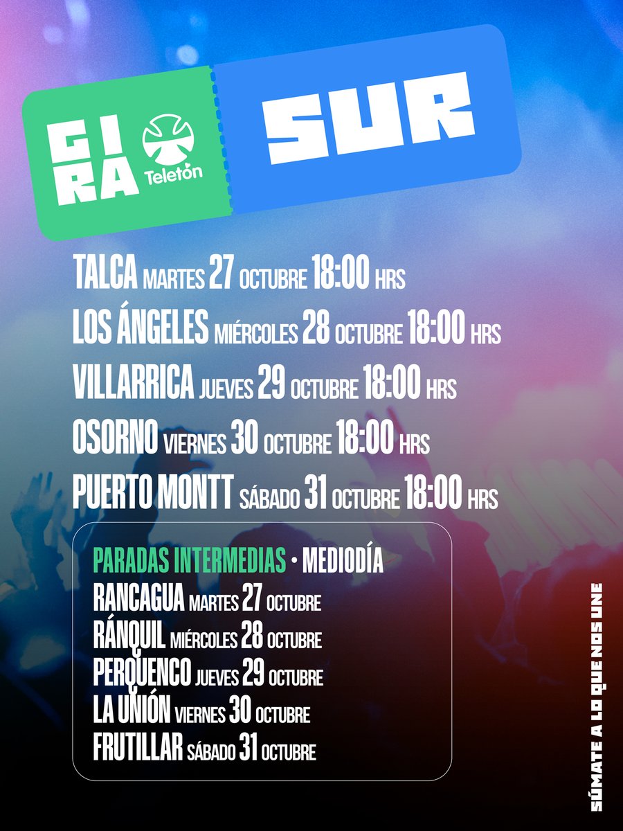 Teleton's tweet photo. ¡Chile, nos vamos de gira! 🚌❤️

Del 13 al 31 de octubre nos encontramos de Arica a Puerto Montt con la #GiraTeletón2026. ¡Súmate a lo que nos une!

Revisa las fechas y sigue este hilo para conocer a los artistas que nos acompañarán 🧵👇 https://t.co/tN8YZ3VHXe