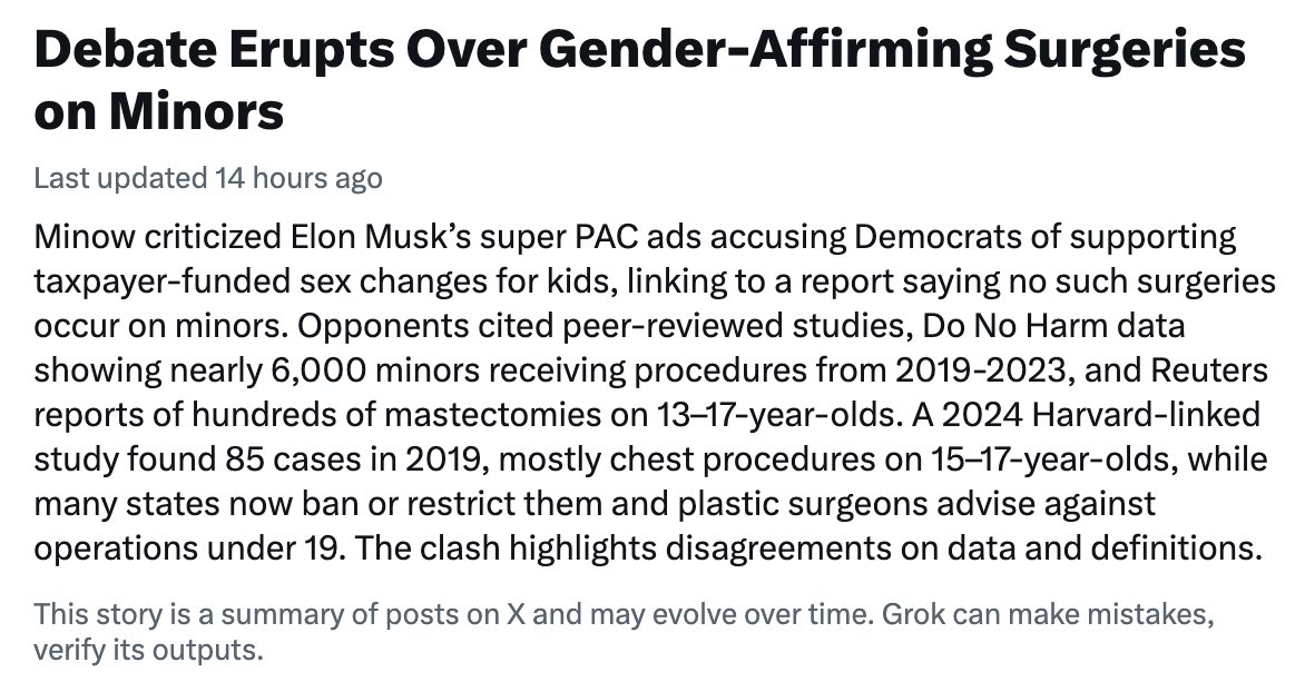 KDansky's tweet photo. @nminow ("she/her," thank you very much) deleted her post after many people explained that yes, in fact, surgeries are conducted on minors. 

Then she blocked me. I assume she blocked most of us who gave her data disputing her claim. Coward. https://t.co/89uRpyQQyA