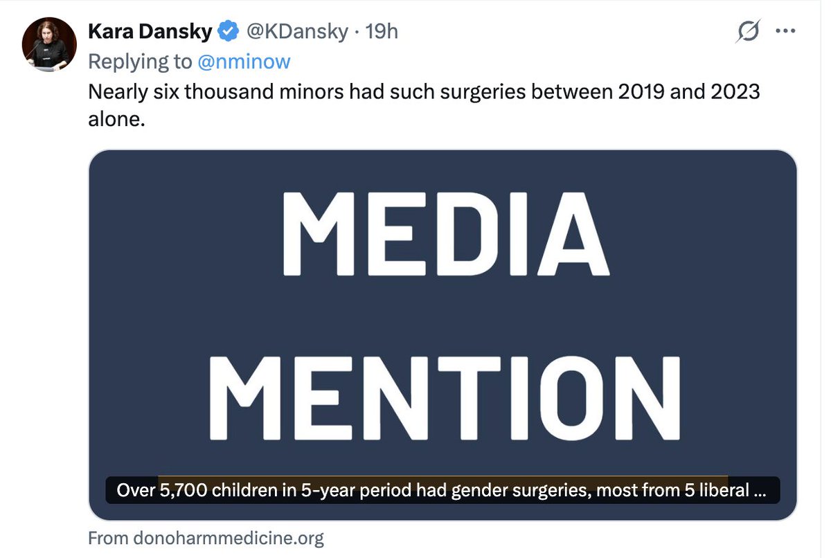 KDansky's tweet photo. @nminow ("she/her," thank you very much) deleted her post after many people explained that yes, in fact, surgeries are conducted on minors. 

Then she blocked me. I assume she blocked most of us who gave her data disputing her claim. Coward. https://t.co/89uRpyQQyA