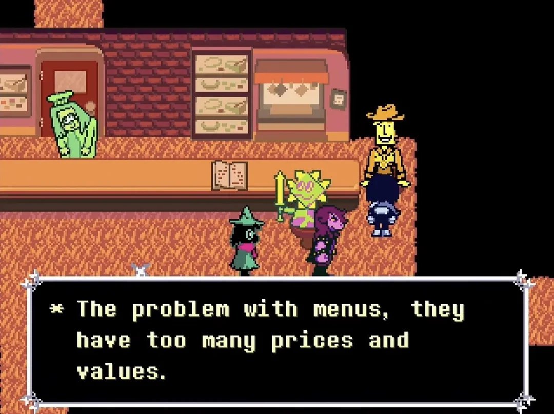 dailytobytrivia's tweet photo. In the Diner in Chapter 5, Yellow says "The problem with menus, they have too many prices and values". This is a reference to Homestuck, specifically a Sweet Bro and Hella Jeff comic where Sweet Bro says "the selection has too many... PRICES and VALUES". https://t.co/xUFu1Yp3ja