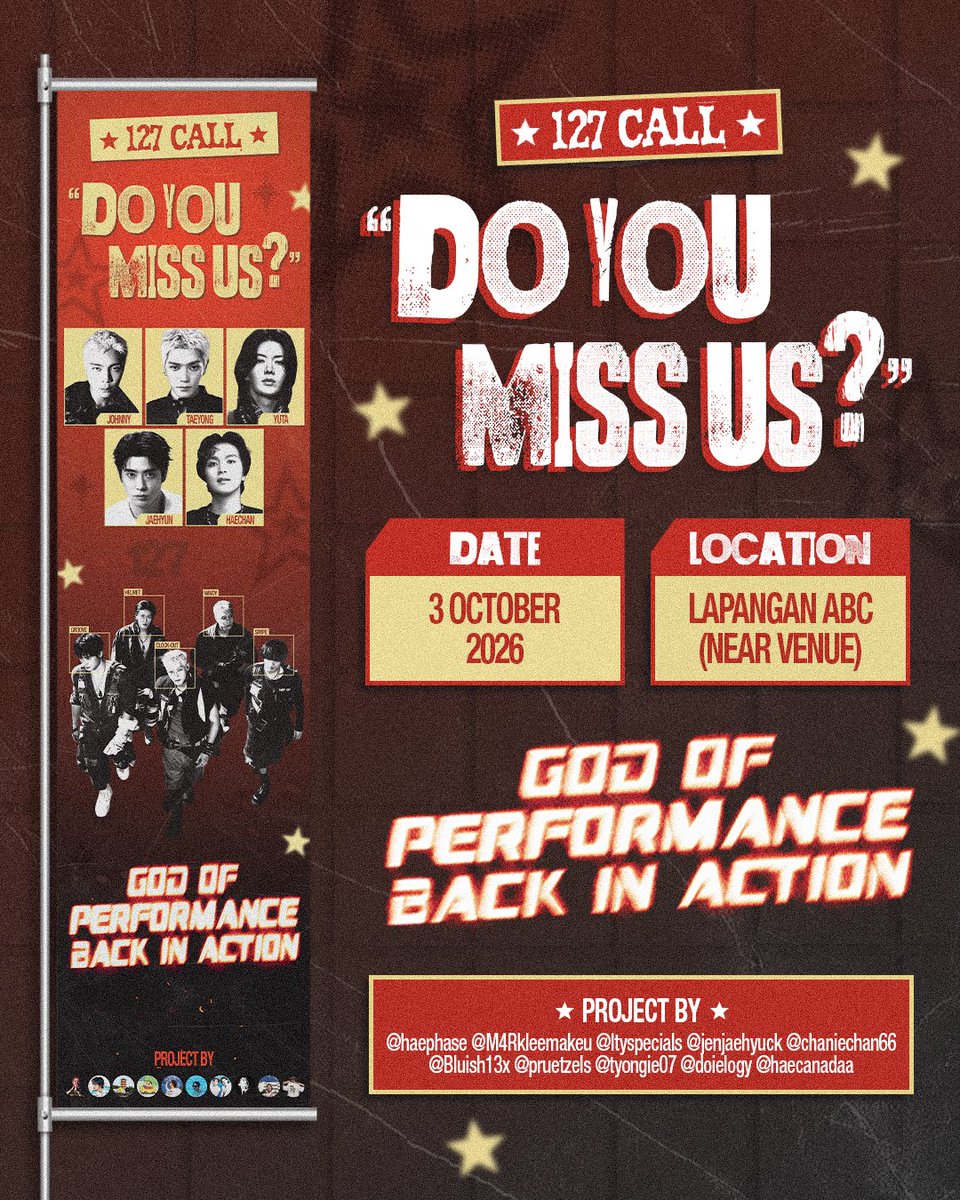 doielogy's tweet photo. ★ 127 𝙲𝙰𝙻𝙻: "𝙳𝙾 𝚈𝙾𝚄 𝙼𝙸𝚂𝚂 𝚄𝚂?" ★

ɢᴏᴅ ᴏꜰ ᴘᴇʀꜰᴏʀᴍᴀɴᴄᴇ ʙᴀᴄᴋ ɪɴ ᴀᴄᴛɪᴏɴ! 💥🔥

#NCT127 Street Banner is Here‼️

📅 03 October 2026
📍 Lapangan ABC (Near Venue) 

Spot the banner? Take a picture and post it with #127Calling #Answer127Call! 📸✨ https://t.co/FYP0Dg52f0