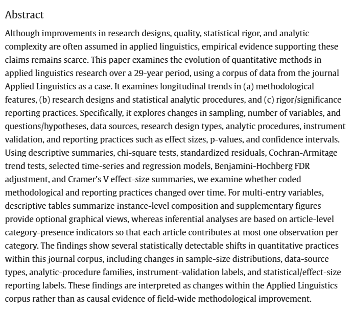 RMALJournal's tweet photo. New article: 
Polat, N., Ceyhan, E., &amp; Mahalingappa, L. (2026). The evolution of quantitative methods in Applied Linguistics: A longitudinal case study. Research Methods in Applied Linguistics, 5(3), 100377: https://t.co/7uwhc33JCF https://t.co/IcGeR67fdz