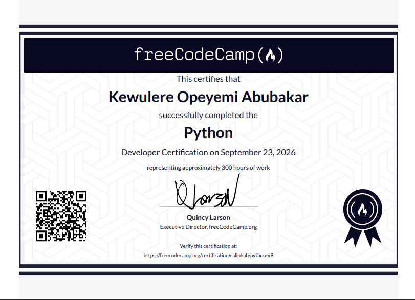 CaliphA_b's tweet photo. I’m Officially Python Certified!
Today, I’m happy to share a milestone in my journey as a software developer:
I earned my Python certification from freeCodeCamp! 🎓 https://t.co/MPnwewDwcQ