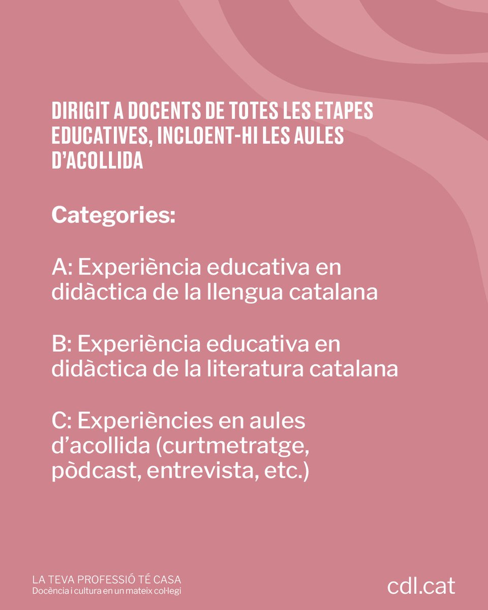 cdlcat's tweet photo. 🏆 Convoquem la 2a edició dels #PremisMariaMercèMarçal de didàctica de llengua i literatura catalanes

👅Tens una experiència educativa que fa de la llengua o la literatura catalanes una eina d’aprenentatge, creació i cohesió? 

PRESENTA EL TEU PROJECTE 👉 https://t.co/34CASI3DMW https://t.co/ZKn6snwaDw