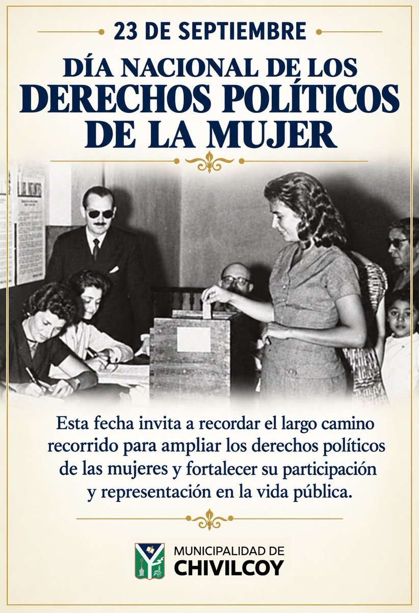 MuniChivilcoy's tweet photo. 23 de septiembre | Día Nacional de los Derechos Políticos de la Mujer
Esta fecha se conmemora porque el 23 de septiembre de 1947 fue promulgada la Ley N.º 13.010 de Sufragio Femenino, que reconoció a las mujeres argentinas los mismos derechos políticos que a los varones, incluido el derecho a votar y ser elegidas. �
Argentina +1
Las mujeres ejercieron por primera vez este derecho en una elección presidencial en 1951. �
Argentina
La fecha invita a recordar el camino recorrido para ampliar los derechos políticos de las mujeres y fortalecer su participación y representación en la vida pública.
#Chivilcoy #DerechosPolíticos #Mujeres #ParticipaciónCiudadana