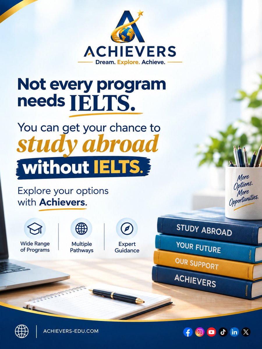 AchieversEduUK's tweet photo. Your academic trajectory should never be confined to a single credential 🎓 .
IELTS is not the sole gateway to an international academic future.
Explore the possibilities that extend beyond IELTS.

#Achievers #StudyAbroad #AcademicExcellence #GBBO #GlobalEducation #IELTS https://t.co/8cqDjPs3g3