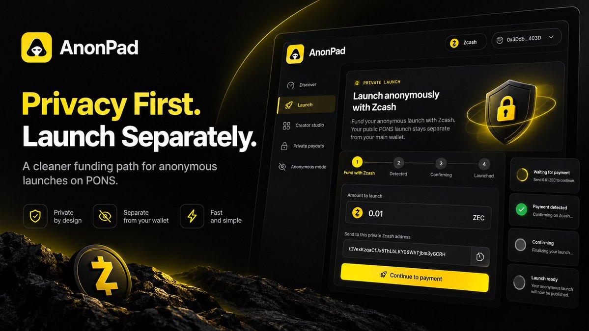 anonpad_'s tweet photo. Privacy First. Launch Separately.

Privacy shouldn’t require a completely different crypto experience. AnonPad keeps the launch flow simple while giving users a separate Zcash funding path before the public launch goes live. Less unnecessary wallet linkage, more control over how you launch.