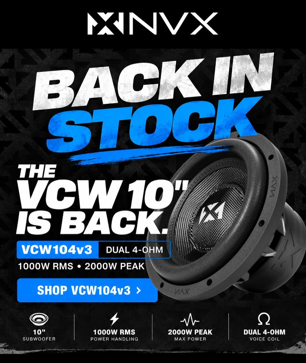 NVXaudio's tweet photo. 🔊 Bass heads, it’s BACK.

The VCW104v3 is back in stock and already moving fast. 👀 You know how this goes, grab yours before we’re saying “out of stock” again. 😂

🔥 Plus, it’s 10% OFF during our September Sale!
👉 https://t.co/eTQrBMKt4B

#NVX #NVXAudio #BassHeads #CarAudio #Subwoofer #BassLife #CarAudioBuild