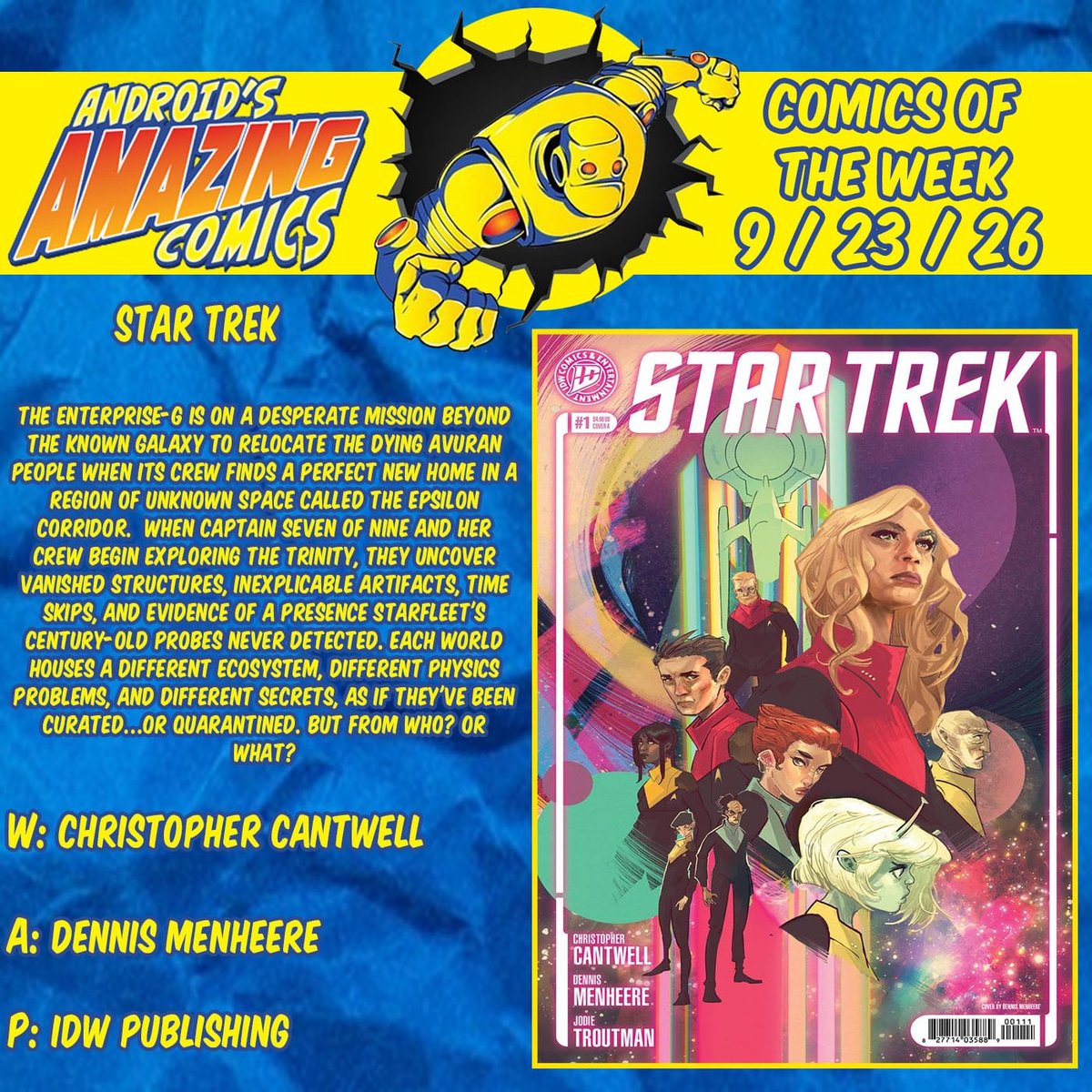 androidscomics's tweet photo. A new week means a new batch of comics! Here are our picks!
STAR TREK
W: Christopher Cantwell
A: Dennis Menheere
P: @IDWPublishing
#picksoftheweek #comicbooks #comics #NCBD #POTW #idwpublishing #startrek https://t.co/16qeaJ0blW