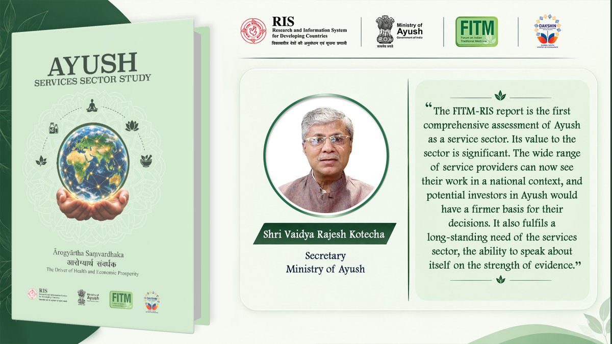RIS_NewDelhi's tweet photo. 🌿 𝐋𝐚𝐮𝐧𝐜𝐡 𝐨𝐟 𝐭𝐡𝐞 𝐀𝐲𝐮𝐬𝐡 𝐒𝐞𝐫𝐯𝐢𝐜𝐞𝐬 𝐒𝐞𝐜𝐭𝐨𝐫 𝐑𝐞𝐩𝐨𝐫𝐭 | 𝐀𝐲𝐮𝐫𝐯𝐞𝐝𝐚 𝐃𝐚𝐲 𝟐𝟎𝟐𝟔

Shri Prataprao Jadhav (@mpprataprao), Hon’ble Union Minister of State (Independent Charge), Ministry of Ayush (@moayush) and Minister of State, Ministry of Health & Family Welfare (@MoHFW_INDIA), launched the 'Ayush Services Sector Report' on the occasion of 11th Ayurveda Day.

Highlighting the significance of the report prepared by @fitm14 at @RIS_NewDelhi, Shri Vaidya Rajesh Kotecha (@vaidyakotecha), Secretary (@secymoayush), Ministry of Ayush emphasised that the FITM-RIS report is the first comprehensive assessment of Ayush as a service sector. Its value to the sector is significant, enabling the wide range of service providers to see their work in a national context, providing potential investors in Ayush with a firmer basis for their decisions, and fulfilling a long-standing need of the services sector, the ability to speak about itself on the strength of evidence.

@MEAIndia | @SKSharma_World | @MoHFW_INDIA | @CCRAS_MoAyush | @CentralUnani | @ccrschennai | @ccrhindia | @mdniy | @DirectorCcryn | @nmpb1 | @AIIA_NDelhi |  @ItraJamnagar | @nischennai | @BRPrasher | @IGIBSocial | @rajivvasudevan | @cgpdtm_india | @aiims_newdelhi | @SDLINDIA | @JivaAyurveda | @SarinNS1 | @cmec_ris | @DakshinNews | @AIC_aseanindia | @fisd19 | @FIDC_NewDelhi

#AyurvedaDay #Ayush #FITM #RIS