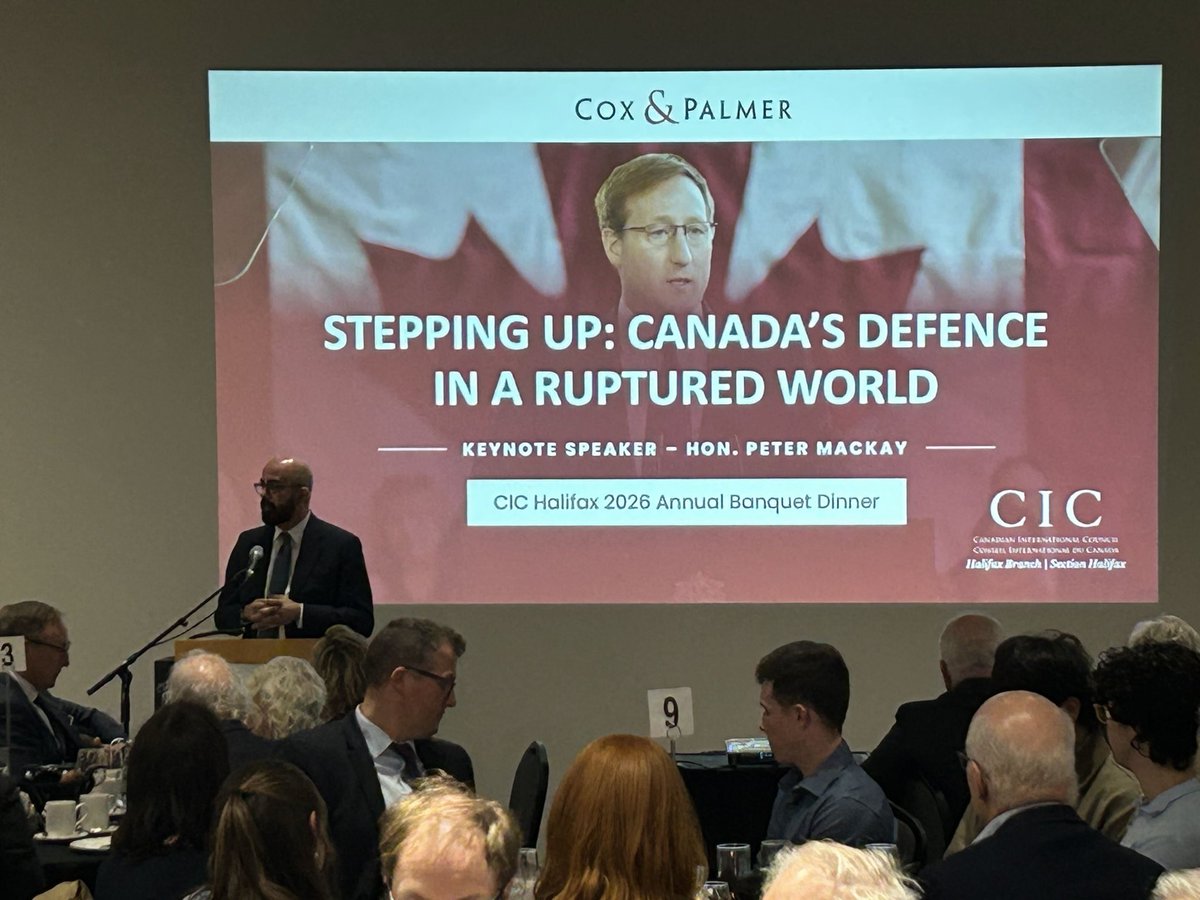 EntCanada's tweet photo. Proud to sponsor the Canada International Council Halifax Branch 2026 Dinner featuring the Honourable Peter MacKay, Canada’s former Minister of Foreign Affairs and National Defence.  

The theme was Stepping Up: Canada’s Defence in a Ruptured World. Vice President Atlantic Canada @rbatherson and Director, Partnerships and Growth, Jordi Morgan hosted a range of clients and decision makers among the 160 guests in attendance.