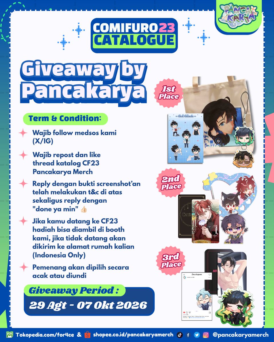 pancakaryamerch's tweet photo. (1/5)
[❤️&🔄 very appreciated]
Pancakarya #CF23 Catalog + GIVEAWAY (s&k di gambar) 

🩶 SeFurDen, Krow Thornes, Pandavva, Andi, Aya, Elaine, ONShannon, Michi, Pinku Rimu, Dokibird & Airani Iofifteen.
 🛍️ OTS : https://t.co/7rHINeuaFw
📦 Mail Order : https://t.co/jz8WeGFyJi
🗓️ 23 Sep - 30 Sep 
📍R35-ab (BOTH DAYS) 
🌏 Worldwide dm us

#comifuro23