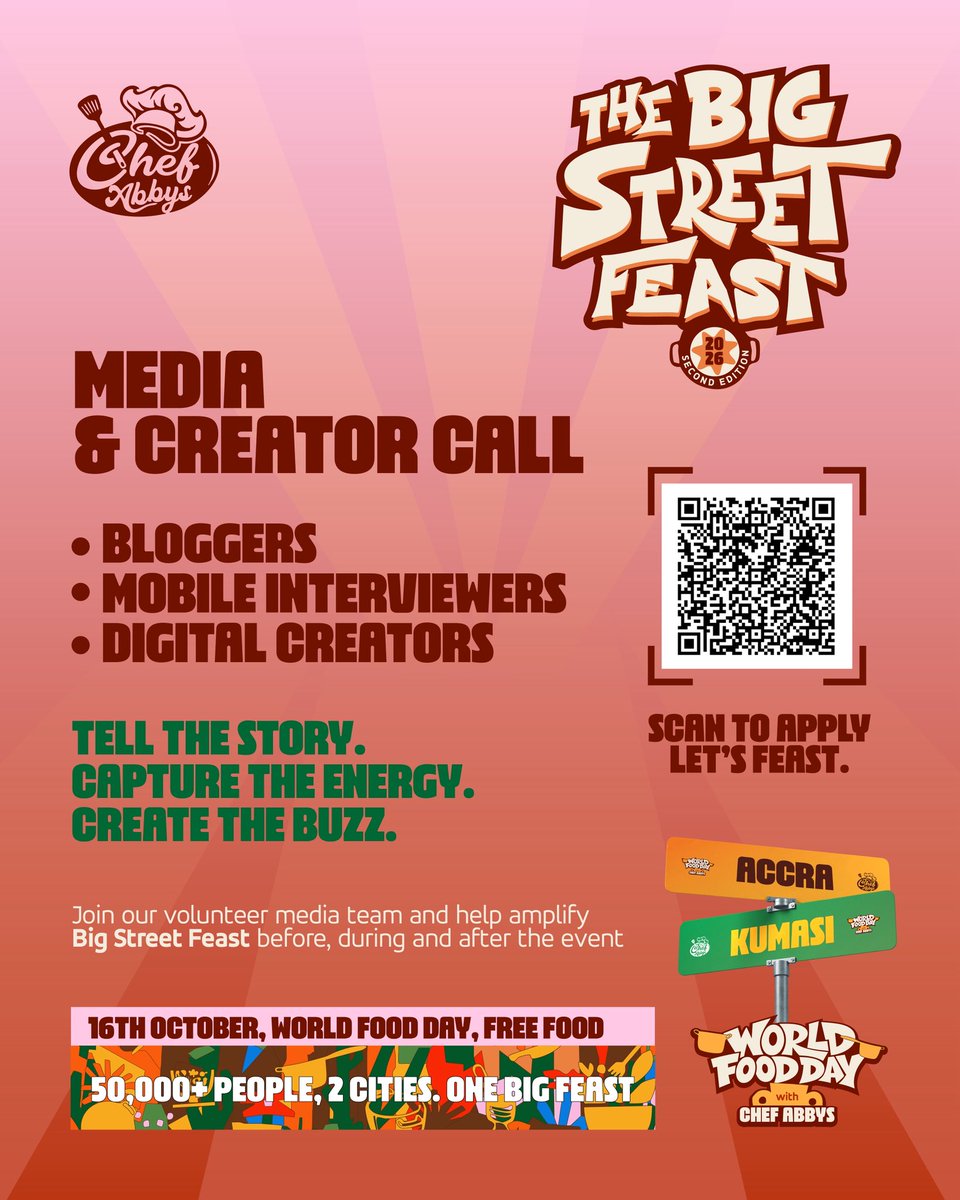 BIGSTREETFEAST's tweet photo. BLOGGERS • MOBILE INTERVIEWERS • DIGITAL CREATORS

Join our volunteer media team and help amplify Big Street Feast before, during &amp; after the event.

October 16, 2026

SCAN TO APPLY: 
https://t.co/eyl2yBnm9V

#thebigstreetfeast #worldfooddaywithchefabbys https://t.co/T5qpcBjG4O