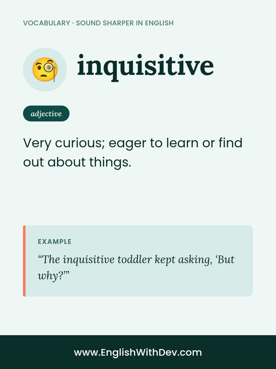 EnglishwithDev's tweet photo. Nonplussed, inquisitive, evasive, blunt — four words that instantly make your English sound sharper. 🎯 Swipe through for simple definitions and real examples, then read more on the blog: https://t.co/z9capmsKxy

#VocabularyBuilder #LearnEnglish #EnglishWords https://t.co/PUQB4dSNSd