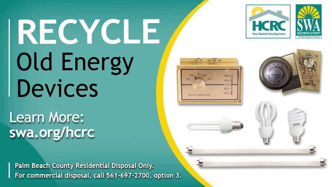 SWAPBC's tweet photo. SWA NEWS:  September Household Hazardous Waste Tip - Change the way you dispose of mercury-containing devices

Learn More: https://t.co/iTM9Ys6gkK

It is the policy of the Solid Waste Authority of Palm Beach County not to resolve customer complaints or respond to inquiries on social media. If you have a collection-related issue in unincorporated Palm Beach County, please contact our Customer Service team at 561-697-2700 or contactcis@swa.org to have your issue resolved in a timely manner.