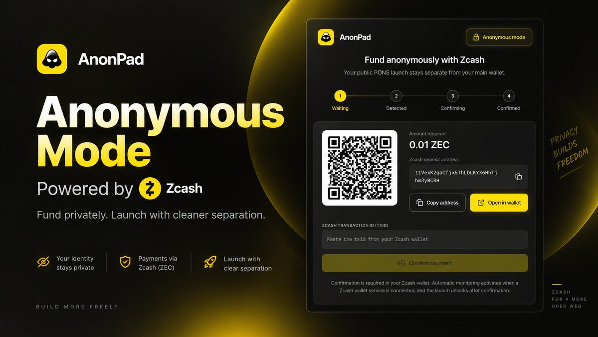 anonpad_'s tweet photo. Anonymous Mode is built to make private funding feel normal. Create the request, fund it with Zcash, wait for confirmation, then continue the launch. No complicated privacy setup — just a cleaner path from funding to launch. https://t.co/Urh47QH7Vg