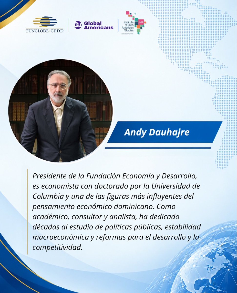 FUNGLODE's tweet photo. Panel 2 | Latin America and the Caribbean in a Changing Global Economy 

Los cambios de la economía global y sus implicaciones para América Latina y el Caribe serán el eje del segundo panel del 8.º Foro Global América Latina y el Caribe 2026.

El panel contará con la participación de Andy Dauhajre, Francisco Rodríguez, José Antonio Ocampo, Mario Báez y Shari Spiegel, cinco voces con amplia experiencia en economía, desarrollo, políticas públicas y cooperación internacional.

#8voForoGlobalAméricaLatinaYElCaribe #Funglode #Economía #DiálogoGlobal