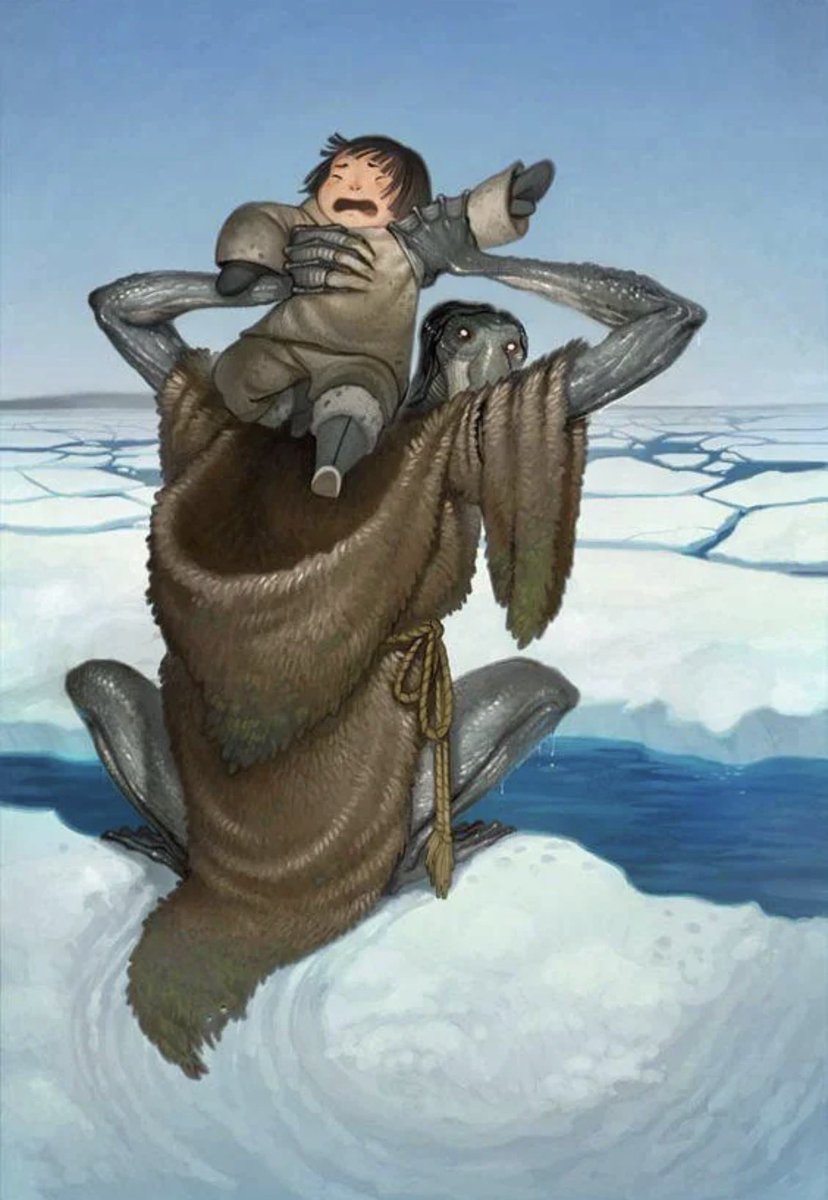pmamtraveller's tweet photo. "Qalupalik" by illustrator Joy Ang, portraying a mythical creature from Inuit mythology that traditionally serves as a cautionary figure to deter children from wandering near dangerous ice edges https://t.co/GgM7lFwdM5