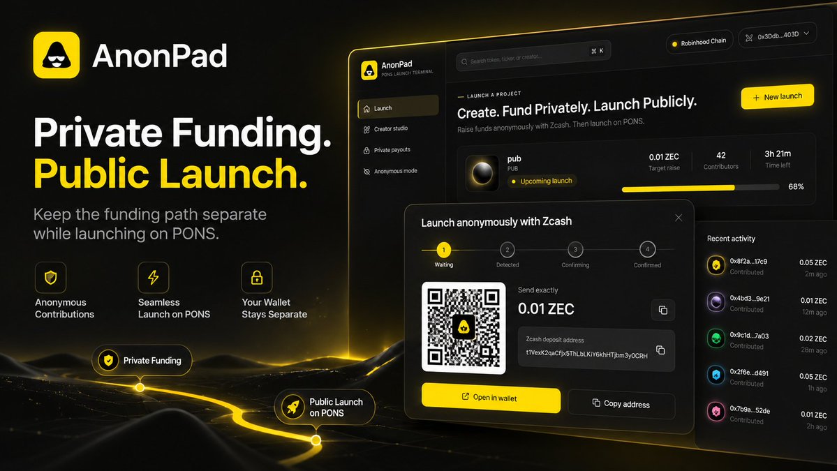 anonpad_'s tweet photo. A project can still launch publicly without making every part of the funding path public too. That’s the idea behind AnonPad: use Zcash for the private funding side, then launch through PONS with cleaner separation from your main wallet.

ANONPAD https://t.co/dqeNDuSl9g