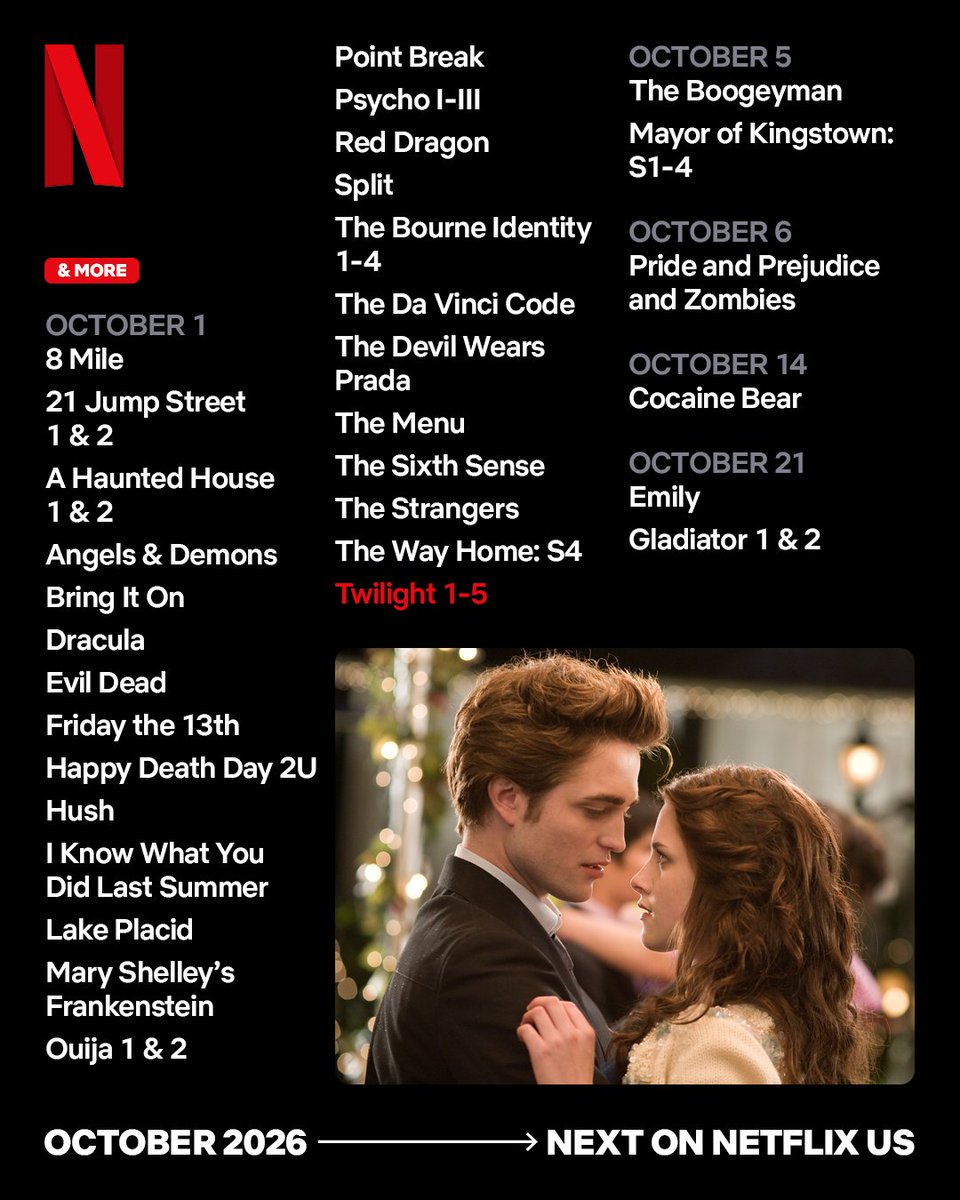 netflix's tweet photo. 📖 East of Eden 
📺 The Diplomat 
❤️ Nobody Wants This 
😱 Haunted Hotel 
🥂 Love Is Blind
🎤 Hollywood Arts
🔪 Is It Cake
🍎 Twilight 
🎾 Six Kings Slam

Here’s what’s next on Netflix in October https://t.co/pncTY60AiV