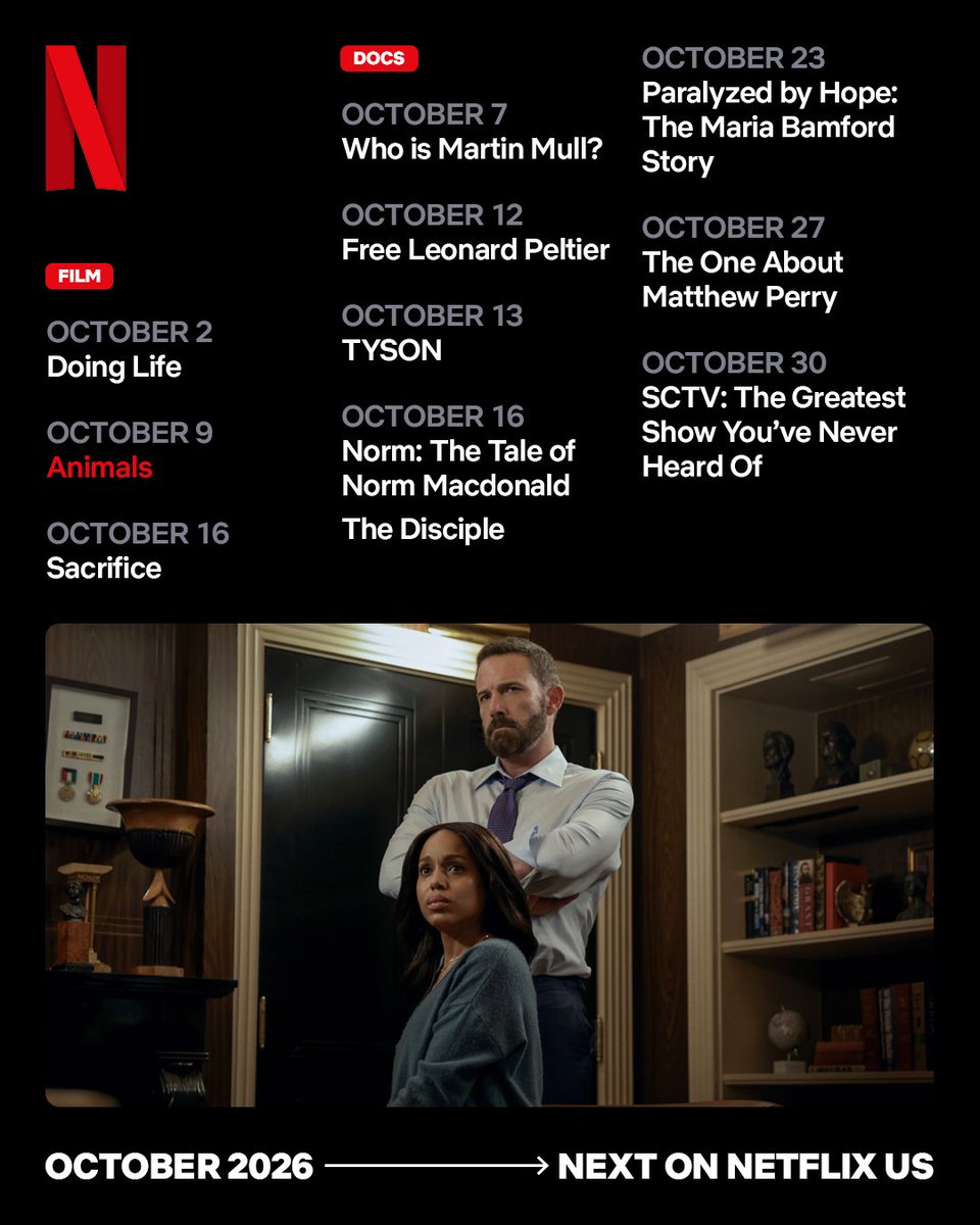 netflix's tweet photo. 📖 East of Eden 
📺 The Diplomat 
❤️ Nobody Wants This 
😱 Haunted Hotel 
🥂 Love Is Blind
🎤 Hollywood Arts
🔪 Is It Cake
🍎 Twilight 
🎾 Six Kings Slam

Here’s what’s next on Netflix in October https://t.co/pncTY60AiV