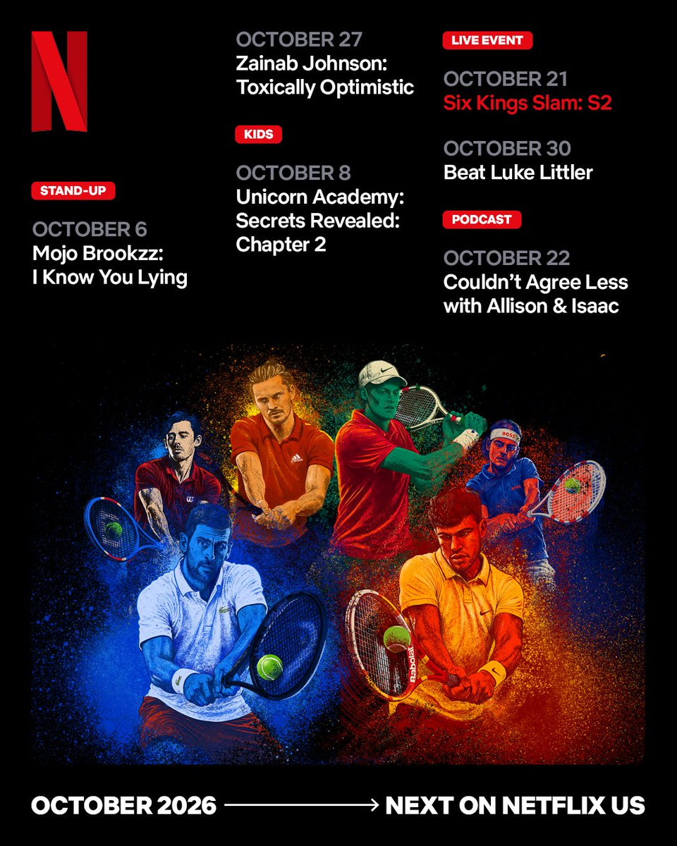 netflix's tweet photo. 📖 East of Eden 
📺 The Diplomat 
❤️ Nobody Wants This 
😱 Haunted Hotel 
🥂 Love Is Blind
🎤 Hollywood Arts
🔪 Is It Cake
🍎 Twilight 
🎾 Six Kings Slam

Here’s what’s next on Netflix in October https://t.co/pncTY60AiV