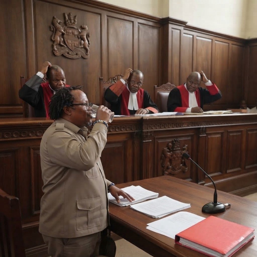 Udadisi's tweet photo. “Mhe. @TunduALissu anapiga taratibu huku anakunywa maji.Mahakama imetulia hata ukiingiza mkono mfukoni watu wanakusikia. Majaji wamekuna hadi vichwa baada ya Lissu kumaliza hizo hoja zake za utangulizi.Muda huu sasa anaanza kuzungumza sheria”—@HildaNewton21 

Picha-Akili Ige(#AI) https://t.co/LlNOtKK2J4