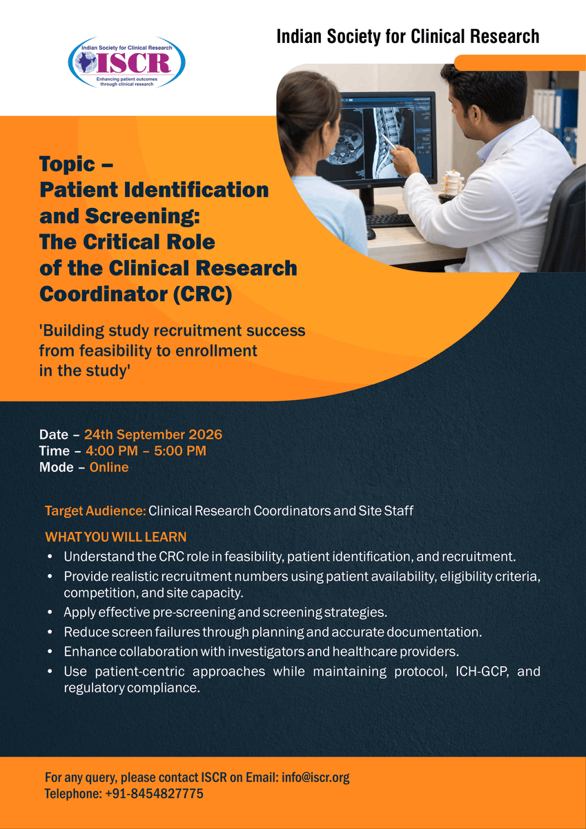 iscrindia's tweet photo. 📢 Patient Identification and Screening: The Critical Role of the CRC | ISCR CRC Workstream
📅 24th Sep 2026 | 4:00-5:00 PM | Online

Register: https://t.co/ahxfFRKPHh https://t.co/JpGZRs0cZm