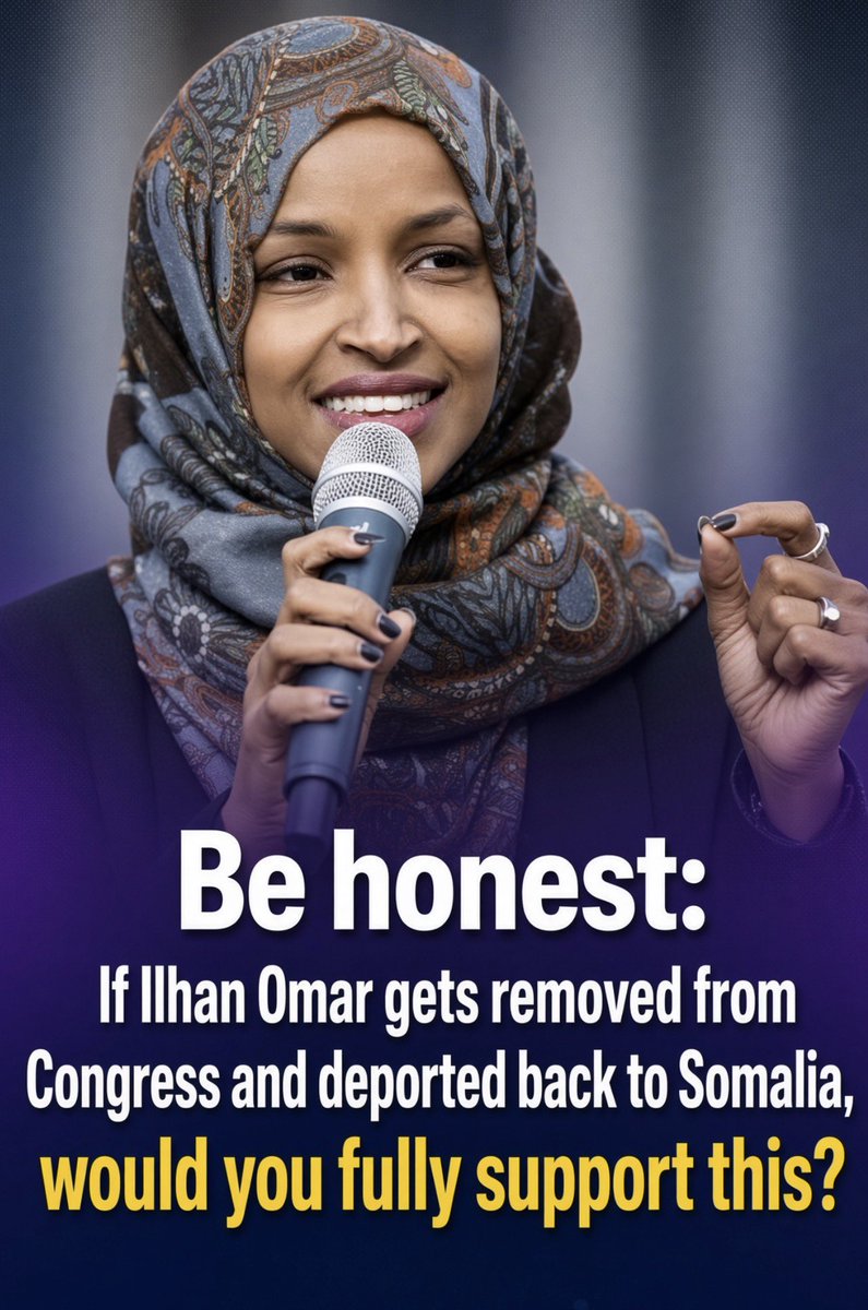 Luna_Jones79's tweet photo. DEBATE OVER ILHAN OMAR’S FUTURE IN CONGRESS
Calls to remove Ilhan Omar from Congress and deport her to Somalia have sparked intense political debate.
SHOULD OMAR BE REMOVED FROM CONGRESS AND DEPORTED IF LEGALLY JUSTIFIED? https://t.co/QdVtr0vB2i