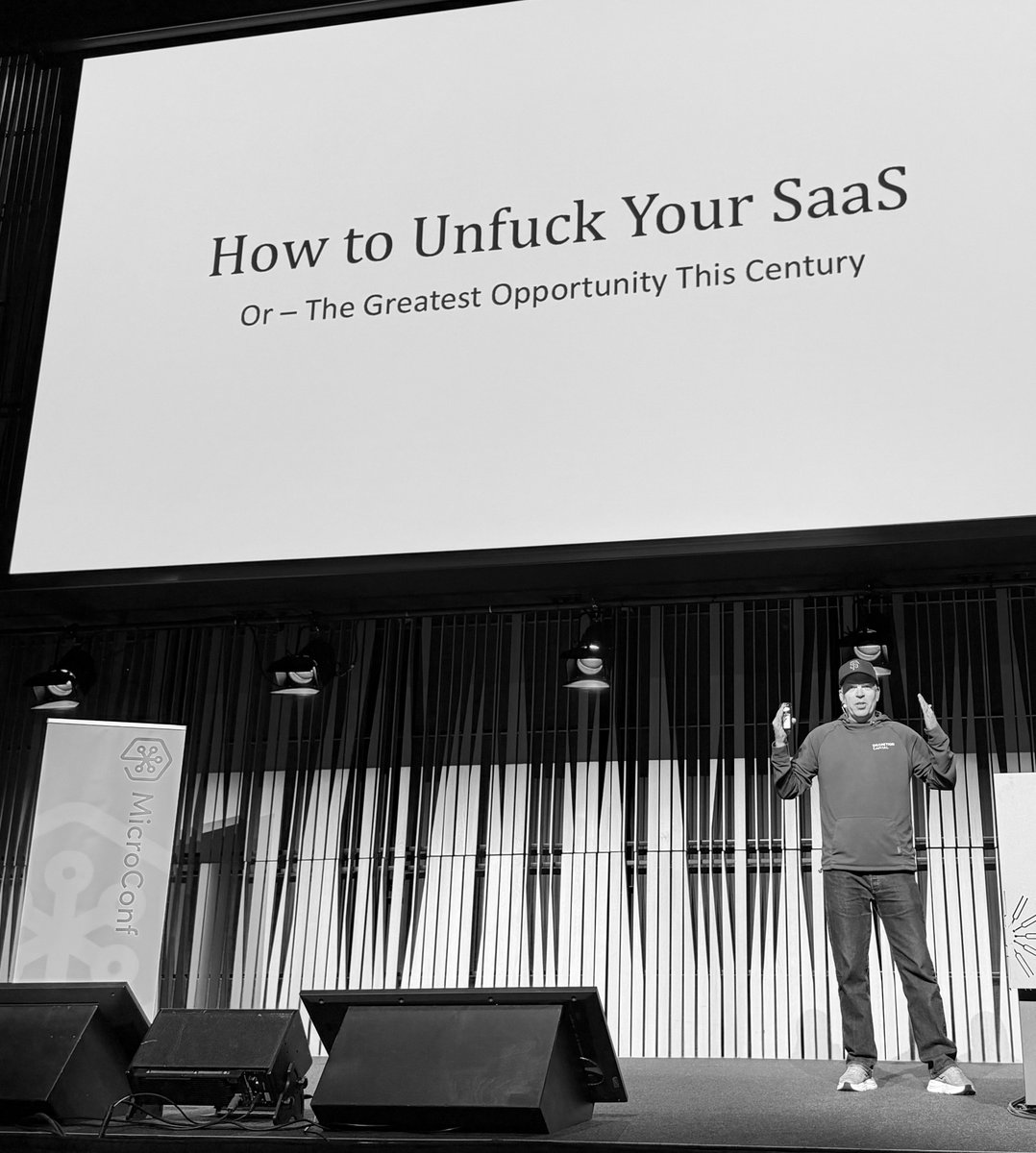 WindAddict's tweet photo. Next up: how to unfuck your SaaS. – @EinarVollset @microconf #microconf #reykjavik #SaaS #AI https://t.co/9qolFf8gAv