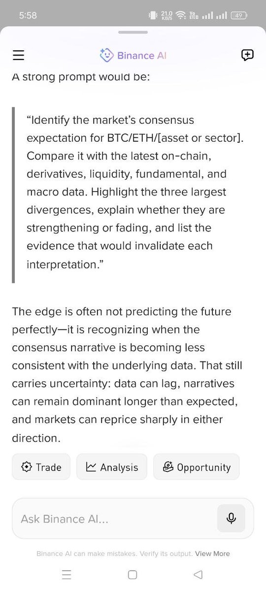 rupok46's tweet photo. @binance Don’t ask AI, “Where is the market going?”

Ask: “What’s changing beneath the market narrative that most traders haven’t noticed yet—and what underlying data would invalidate that thesis?” 🤖🔎 https://t.co/pSgtTmDbmr
