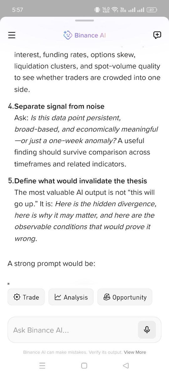rupok46's tweet photo. @binance Don’t ask AI, “Where is the market going?”

Ask: “What’s changing beneath the market narrative that most traders haven’t noticed yet—and what underlying data would invalidate that thesis?” 🤖🔎 https://t.co/pSgtTmDbmr