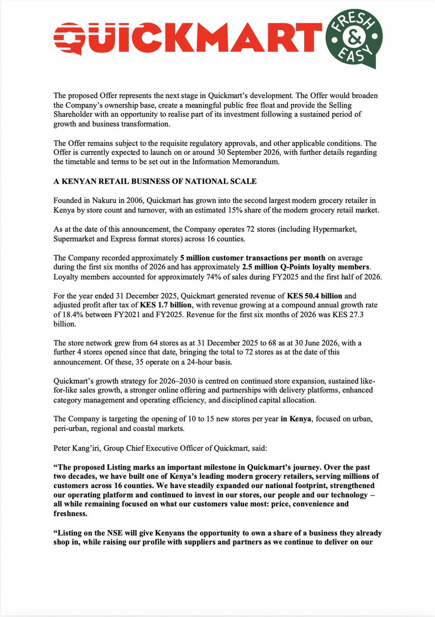 frank_mwiti's tweet photo. Quickmart is coming to the NSE Kenya.

Offering 50% of the company, 2 billion shares, to investors.

📍 72 stores | 16 counties
💰 FY25 revenue: KES 50.4bn
📈 Adjusted PAT: KES 1.7bn
💵 Target dividend payout: 80%+ of PAT

No new capital raise. This is an offer for sale and will be a major new consumer-sector listing on the NSE 👏🏾
