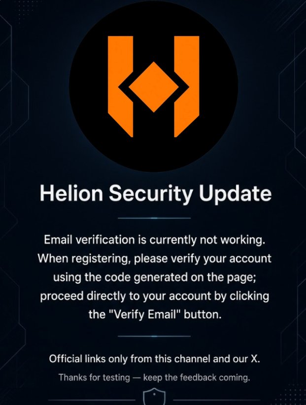 Dev_Timi_22's tweet photo. Helion Security Update

Email verification is currently not working. When registering, please verify your account using the code generated on the page; proceed directly to your account by clicking the "Verify Email" button.

Thanks for testing — keep the feedback coming. https://t.co/l0KO9kBdNd