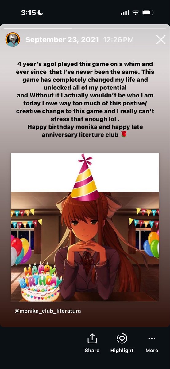 512MatioN's tweet photo. Found this old Insgram post from 5 years ago and it really made me  realize that even after 9 years this game still has a huge impact on my me it really helped shape who I am today and I will always be grateful for it. HAPPY BIRTHDAY DDLC 
#ddlc #ddlcplus #dokidokiliteratureclub https://t.co/4CBjb3GEl3