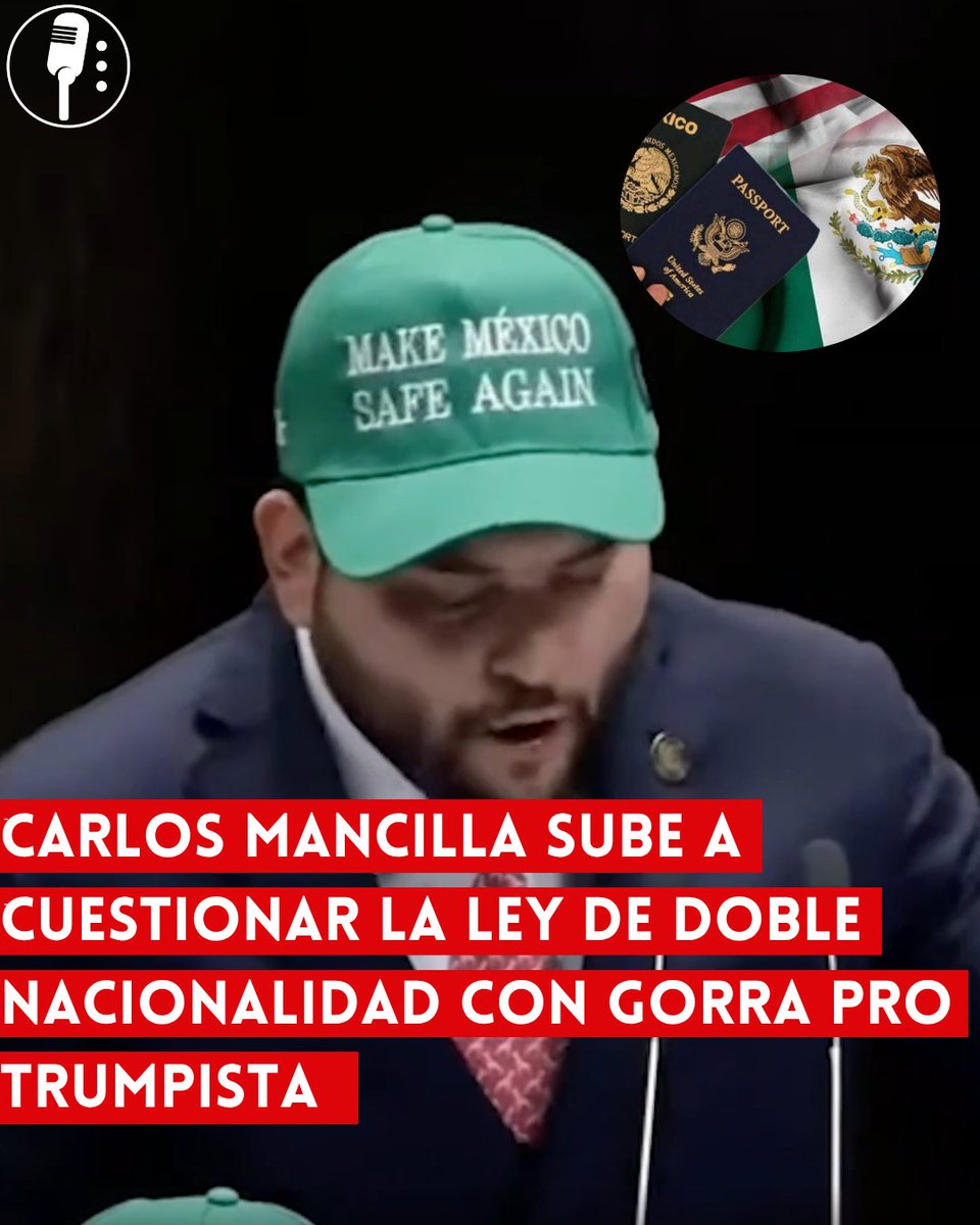 YosoyPedrero's tweet photo. 🚨 OJO | CARLOS MANCILLA SUBE A CUESTIONAR LA LEY DE DOBLE NACIONALIDAD CON GORRA PRO TRUMPISTA
El diputado del PRI Carlos Gutiérrez Mancilla subió a la tribuna de la Cámara de Diputados para cuestionar la reforma que prohíbe la doble nacionalidad a aspirantes a la Presidencia y gubernaturas, mientras portaba una gorra con la leyenda “Make México Safe Again”, un guiño directo al eslogan de campaña del presidente estadounidense Donald Trump .

Desde la tribuna, Mancilla sostuvo que la mexicanidad no se reparte por categorías y afirmó que “no hay mexicanos de primera, ni de segunda”. Acusó a Morena de “querer dividir a México otra vez, ahora al decidir quién es suficientemente mexicano y quién no lo es” .

El legislador priista retomó las declaraciones que Trump hizo ese mismo martes ante la Asamblea General de la ONU, donde el mandatario estadounidense señaló a México como “el epicentro de la violencia de los cárteles” y exigió al gobierno recuperar el control del territorio .

“Ante la Asamblea General de Naciones Unidas, el presidente de Estados Unidos confirmó a México como el epicentro de la violencia de los cárteles, y sostuvo que nuestro país tiene que recuperar el control de su territorio. En ese diagnóstico coincido con el presidente de Estados Unidos”, declaró Mancilla desde la tribuna .