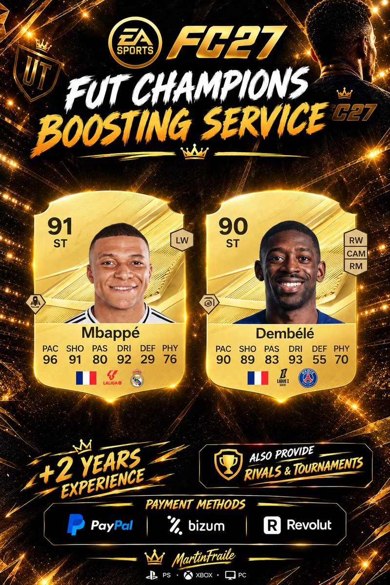 MartinFraile_'s tweet photo. 🚨FC27 has arrived! ❤️

After +2 years of boosting experience, I’ll be offering FUT Champs &amp; Rivals services.

🏆 Rank 1, 2 or 3 secured
🎥 Streamed live on my Twitch channel
📩 LIMITED SPACES — book your spot

🔥 First 2 WL bookings get €10 OFF!

Details https://t.co/BHirgGwZvk https://t.co/AF1vPscSIu