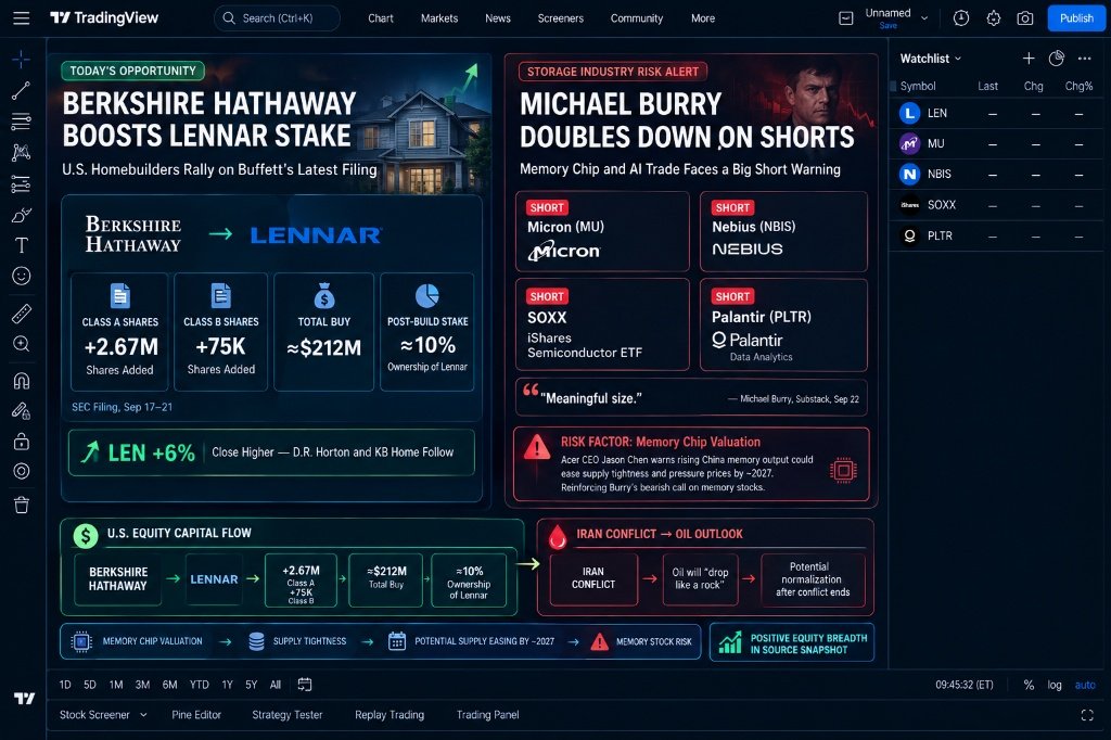 📌 Smart Money Tracking:
🐂 LONG: Berkshire ➔ Lennar (LEN) | $212M Buy (~10% stake)
🐻 SHORT: Michael Burry ➔ Micron (MU), SOXX, Palantir (PLTR), Nebius (NBIS)
