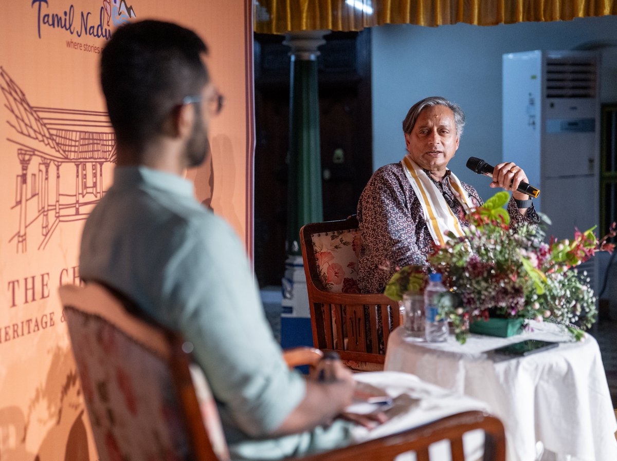 UnamPillai's tweet photo. In conversation with @ShashiTharoor at the Chettinad Heritage Festival. We discussed politics, competing ideas of India, AI, cockroaches, and more. Great fun, with a very engaged audience. https://t.co/NFRdrwmr6E