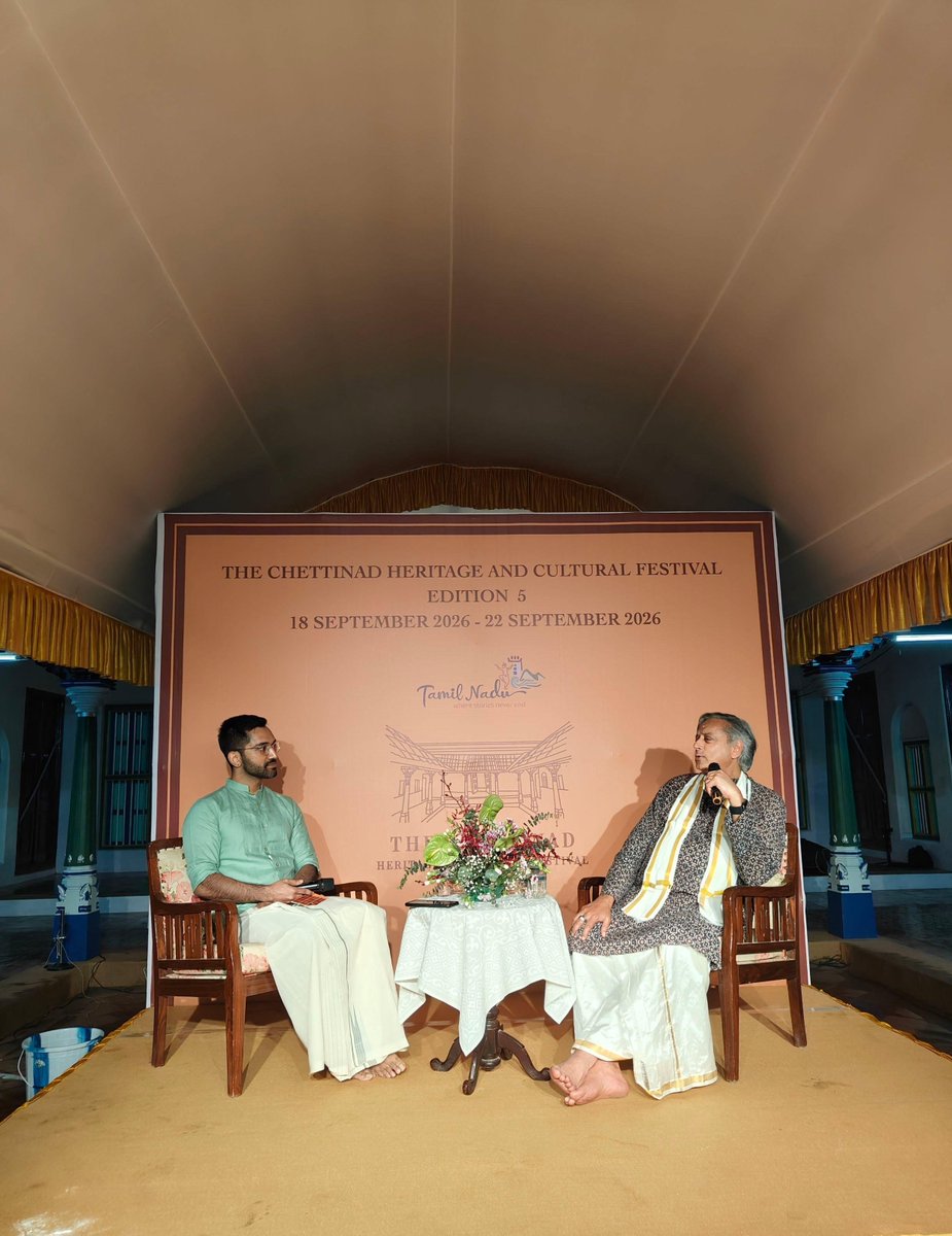 UnamPillai's tweet photo. In conversation with @ShashiTharoor at the Chettinad Heritage Festival. We discussed politics, competing ideas of India, AI, cockroaches, and more. Great fun, with a very engaged audience. https://t.co/NFRdrwmr6E