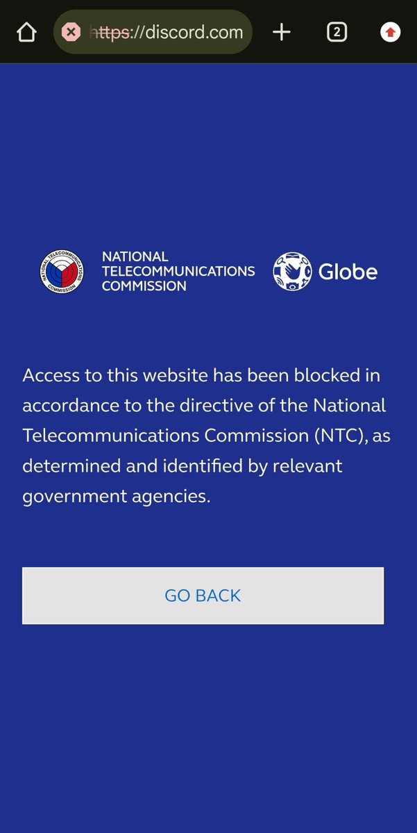 deepwebkonek's tweet photo. #BREAKING: At around 8:08 PM on September 23, 2026, users on Globe Telecom began encountering a blocking page when attempting to access Discord, explicitly stating that access had been blocked pursuant to a directive from the National Telecommunications Commission (NTC). https://t.co/37fqEkjULn