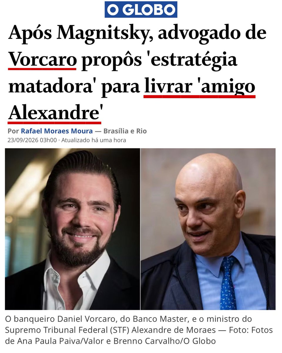 BolsonaroSP's tweet photo. Essa matéria enterra mais uma narrativa tosca, a de que Vorcaro financiou minhas atividades em busca das sanção ao Moraes. 

No fim, ele estava financiando a tentativa de livrar o Moraes das justas punições que recebeu. https://t.co/S50DeMHDfB