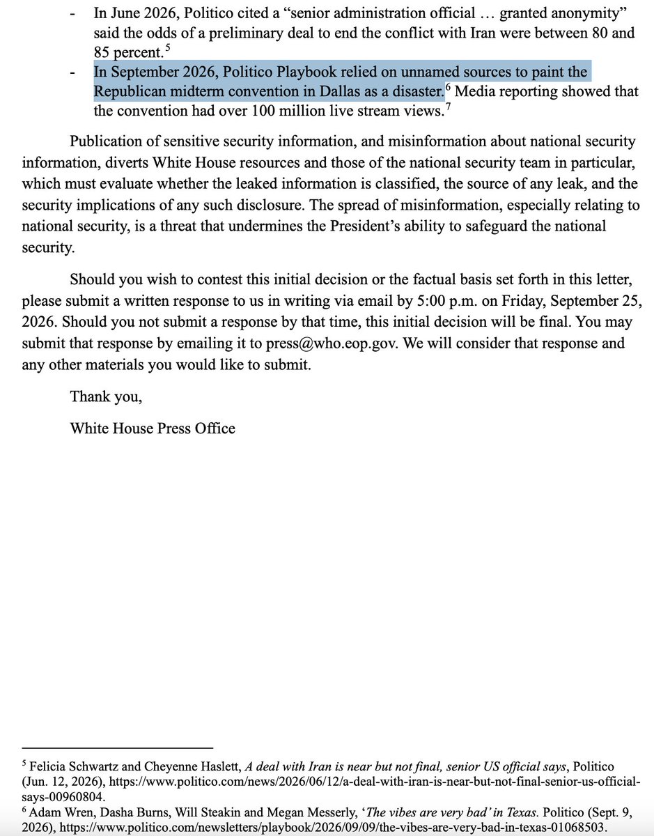 rgoodlaw's tweet photo. Before midnight, DOJ told Judge Kelly the press ban of CNN, MSNow, Politico is based on their National Security reporting.

But examples are core First Amendment protected reporting.

First howler:

WH says it is b/c POLITICO reported GOP Convention was a political disaster. https://t.co/X2yFUyoAA5