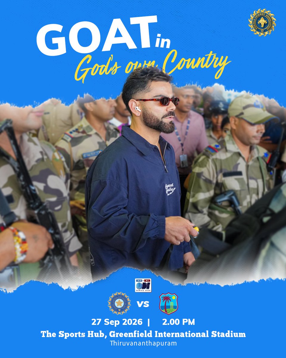 KCAcricket's tweet photo. GOAT's Own Country!

The 'King' @imVkohli  has landed in our Kingdom 

#INDvsWI #TeamIndia #ODI #ViratKohli #Thiruvananthapuram @BCCI https://t.co/vHsFmNb2IQ